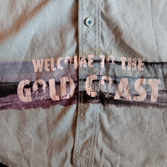 Bar lll Casual Button Down Beach Shirt | Men's - Small | Teal | Text Graphics - Picture 2 of 7